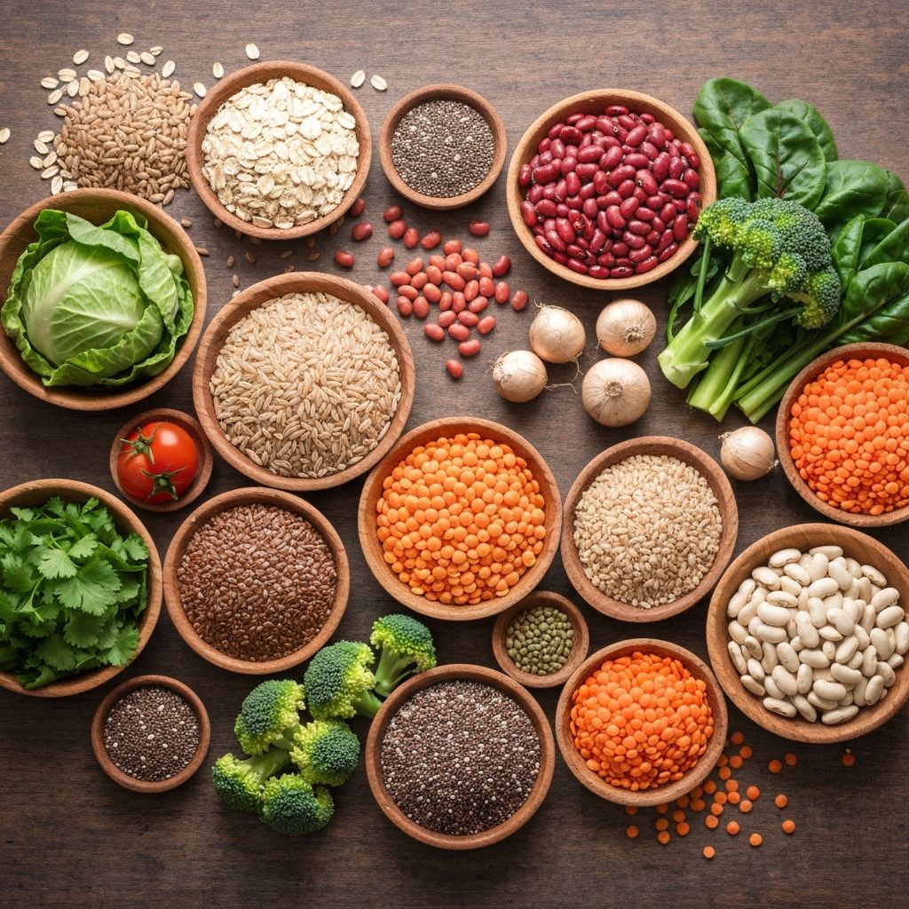 High-fiber foods including whole grains, legumes, and vegetables